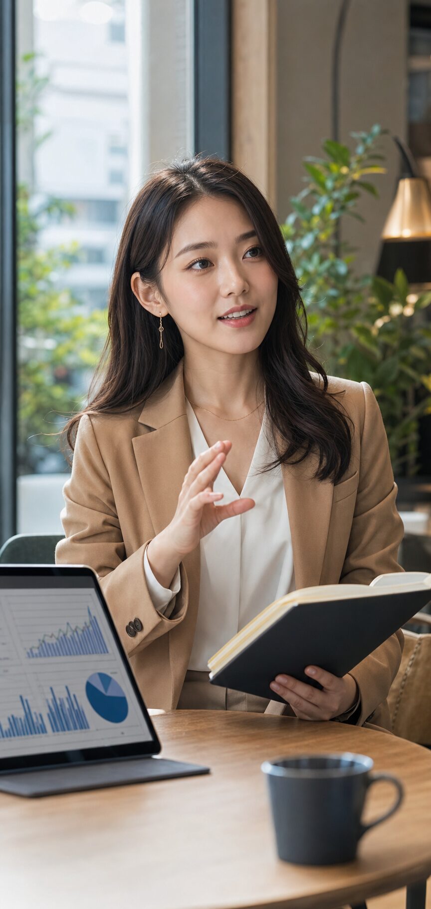 配当利回りの数字を確認する女性投資解説者