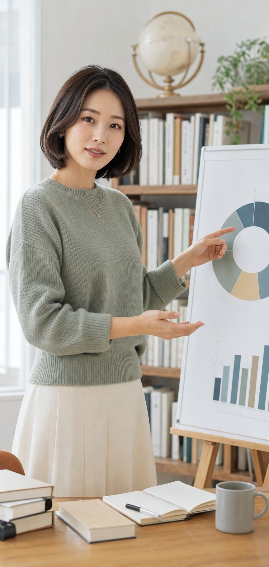 ポートフォリオ配分を解説する女性投資解説者