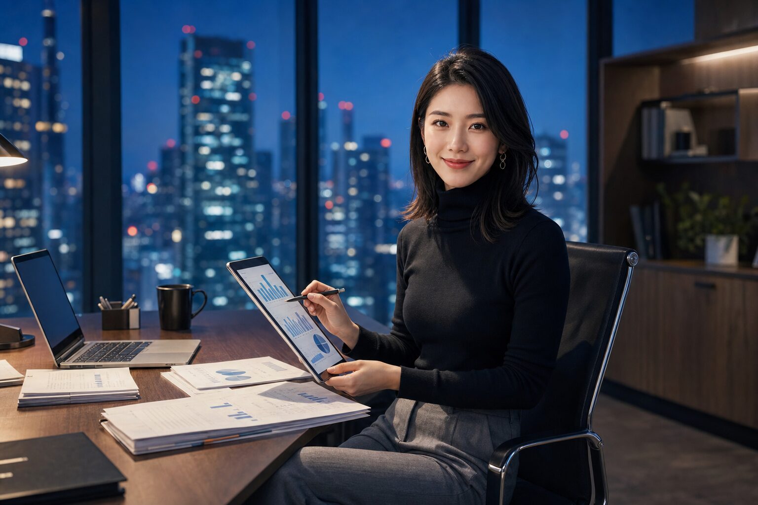 ナオさんが日本企業の決算資料とタブレットを比較しながら分析する様子