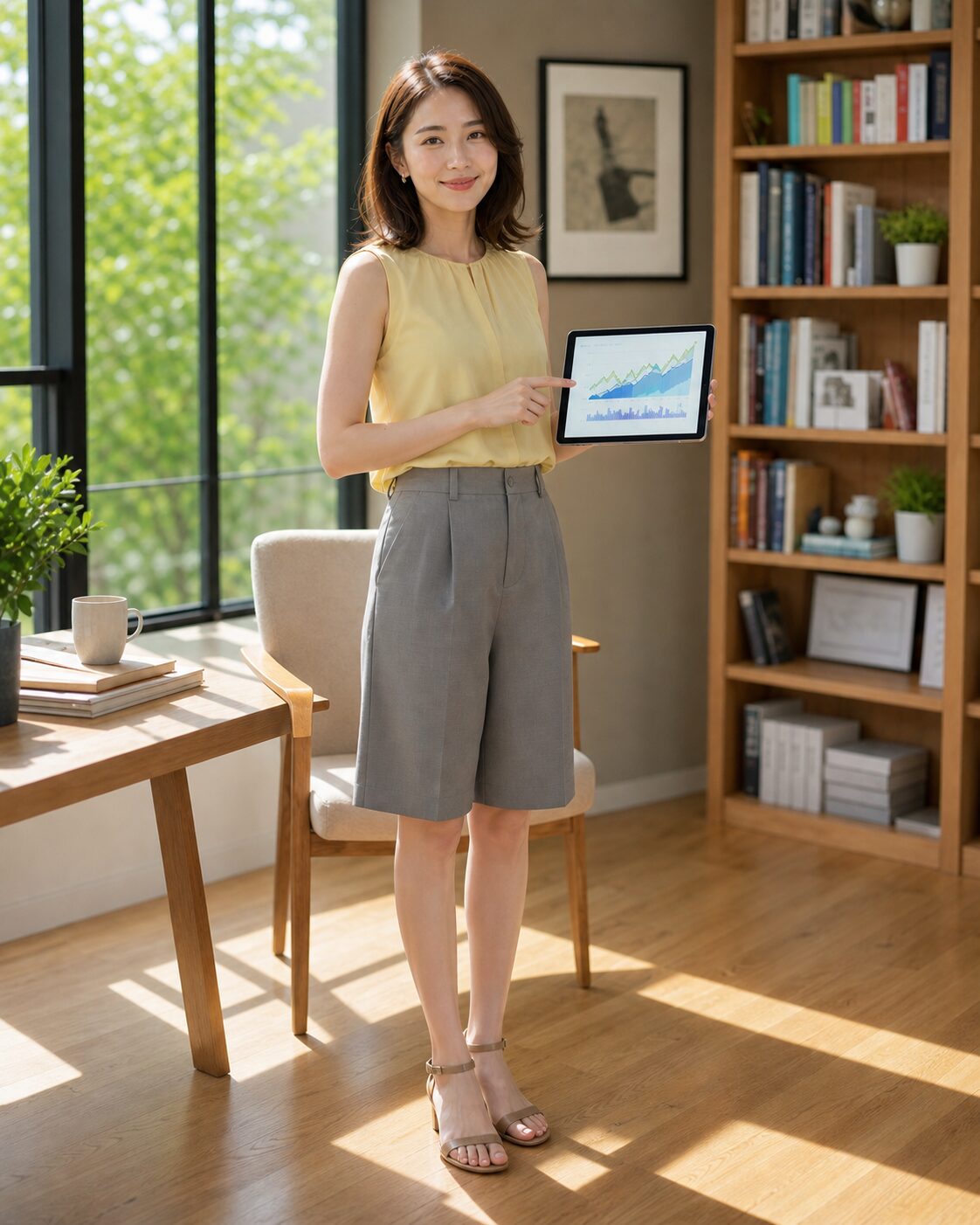 証券口座乗っ取り対策を解説する女性投資解説者の全身ショット