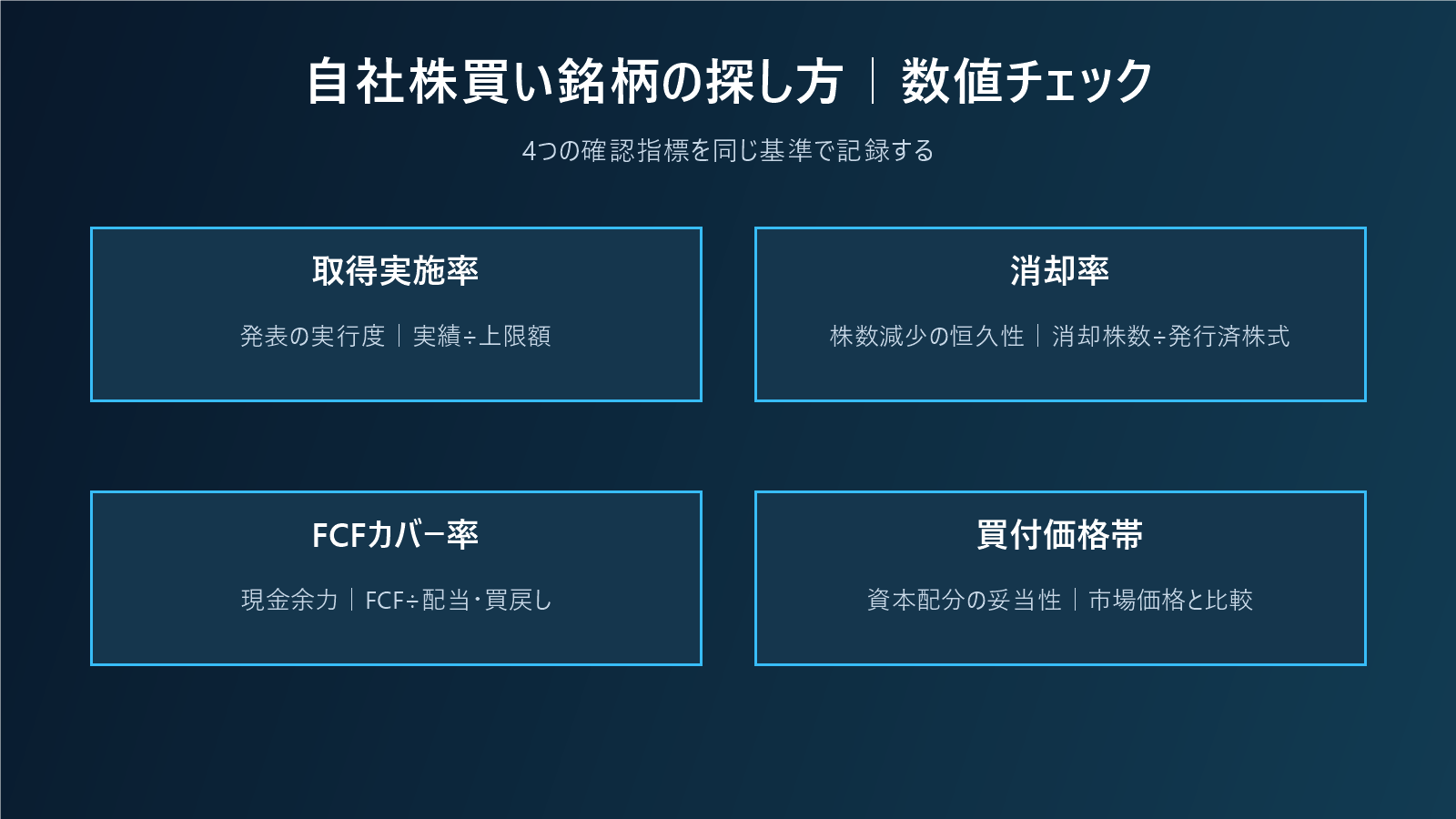 自社株買い銘柄の探し方｜発表額より消却・FCF・実施率を見るの数値チェック図
