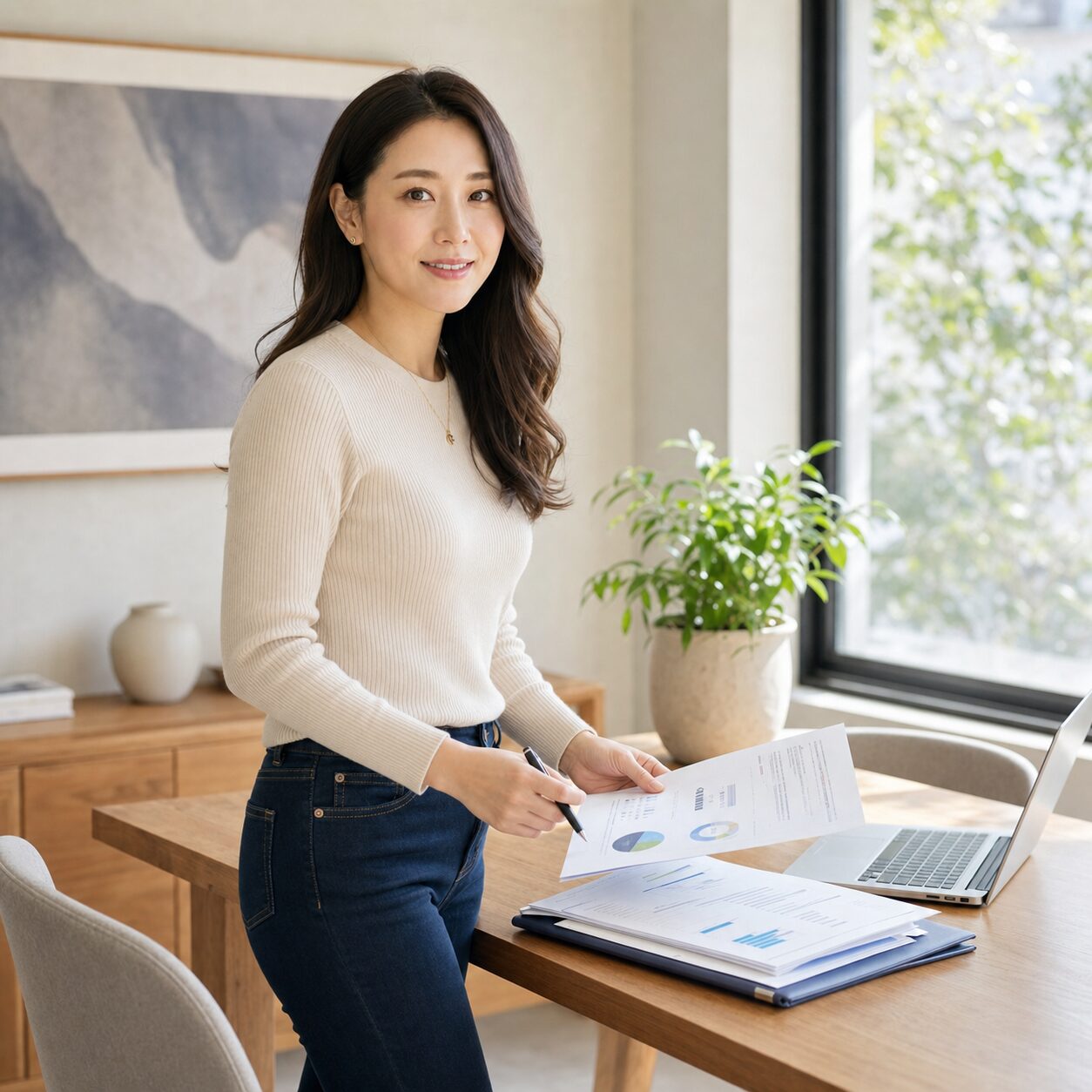 私服のレイさんが決算資料を手に自社株買いの確認項目を解説している様子
