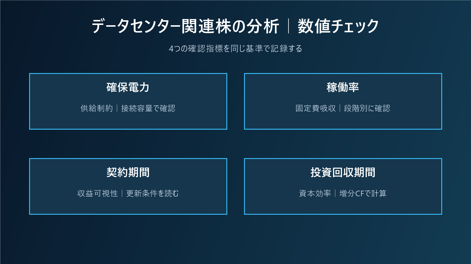 データセンター関連株の分析|電力制約と契約構造から収益性を見るの数値チェック図
