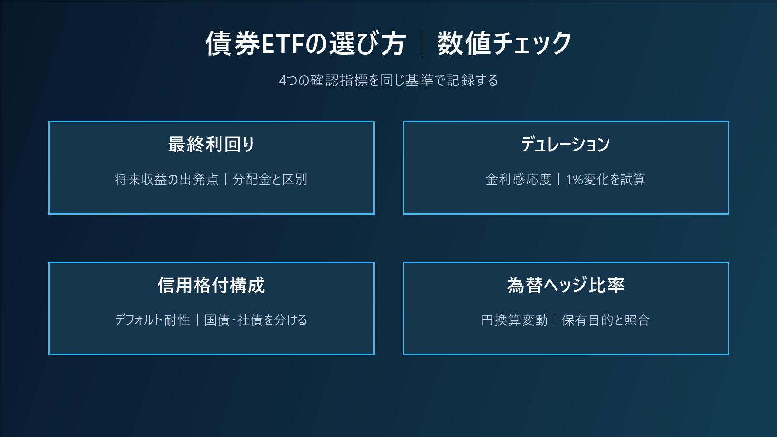 債券ETFの選び方｜利回り・デュレーション・信用・為替を一枚で比較するの数値チェック図