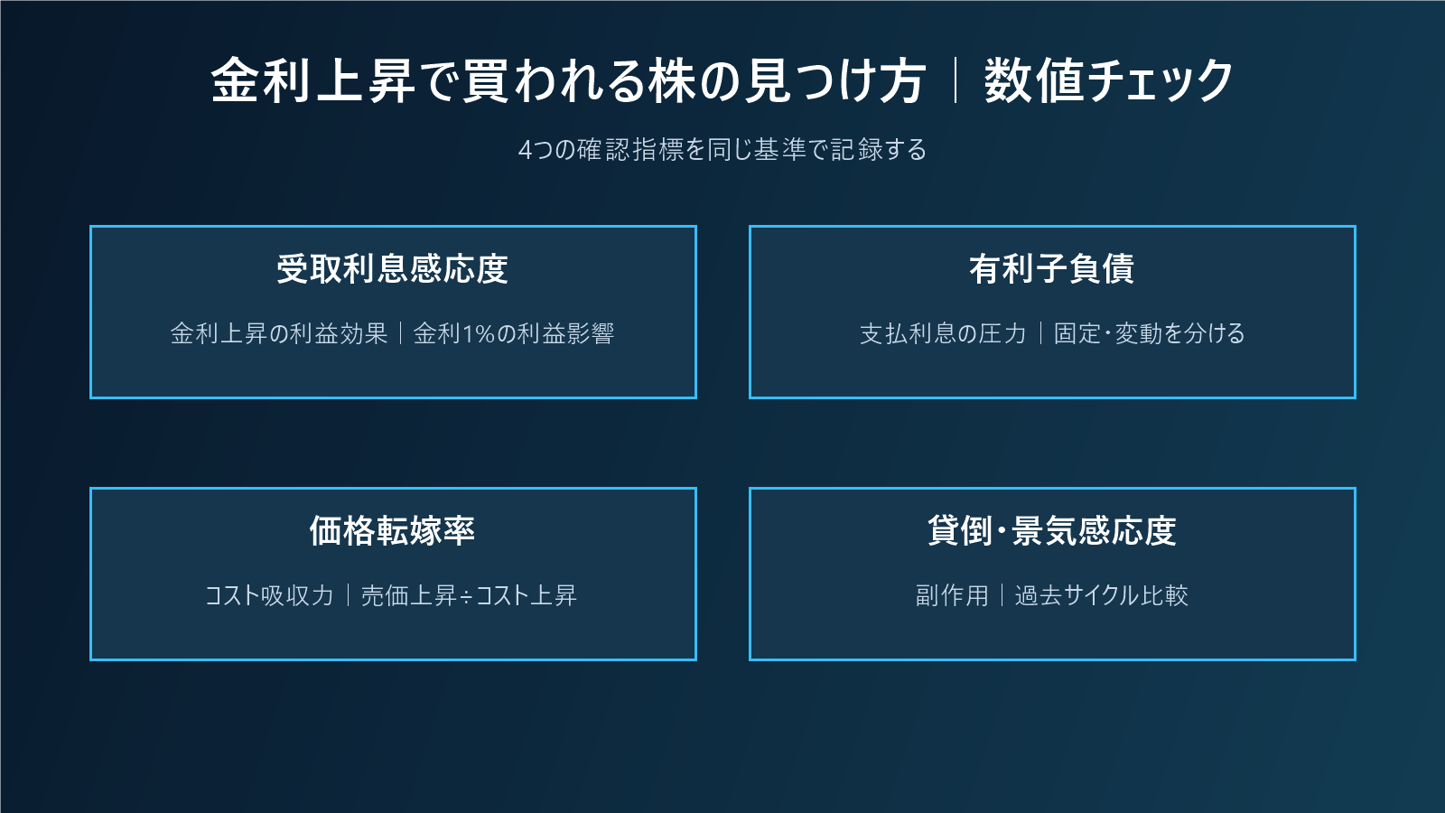金利上昇で買われる株の見つけ方|受取利息・価格転嫁・財務を分解するの数値チェック図