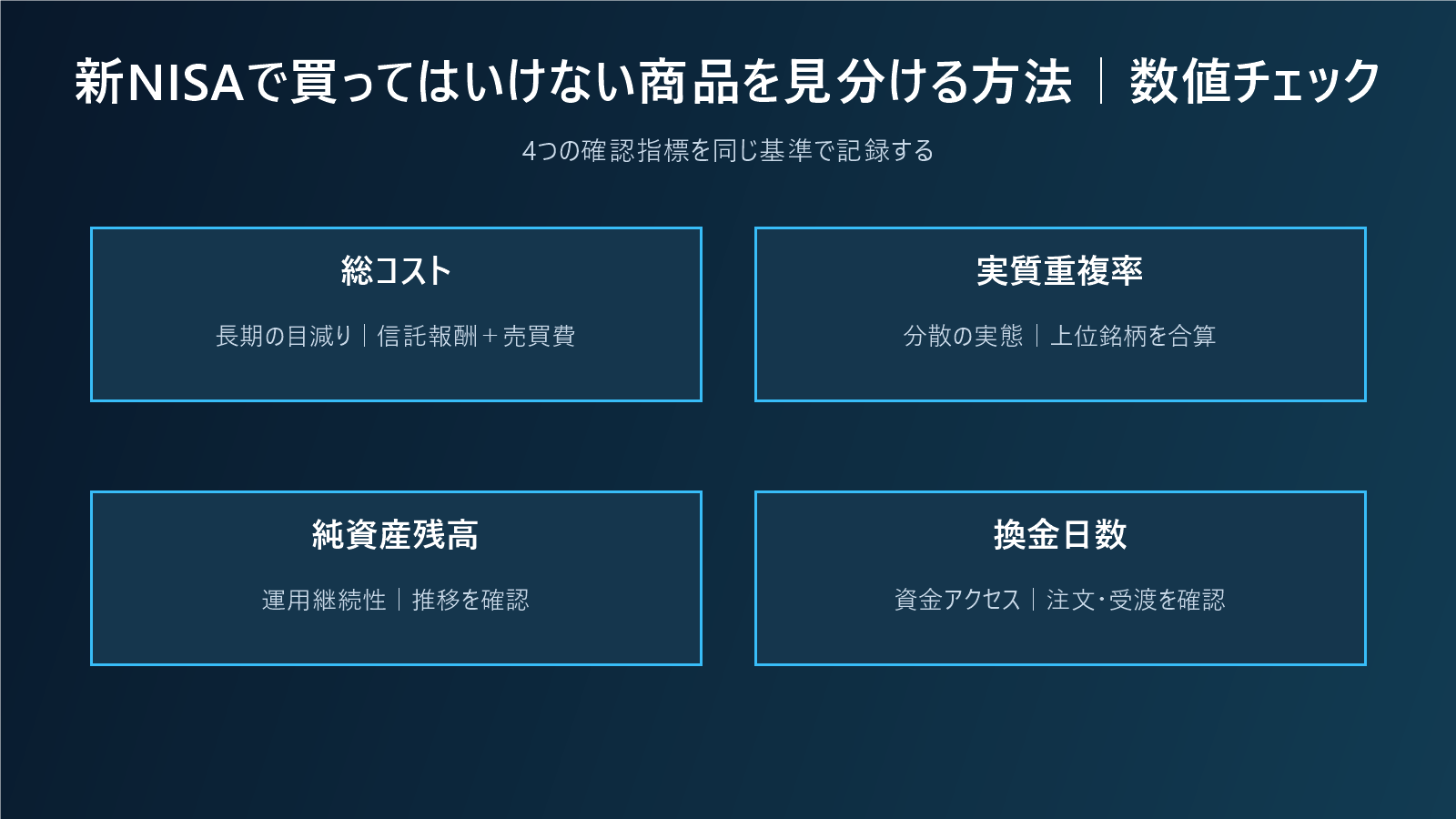 新NISAで買ってはいけない商品を見分ける方法|高コスト・重複・換金性を点検の数値チェック図