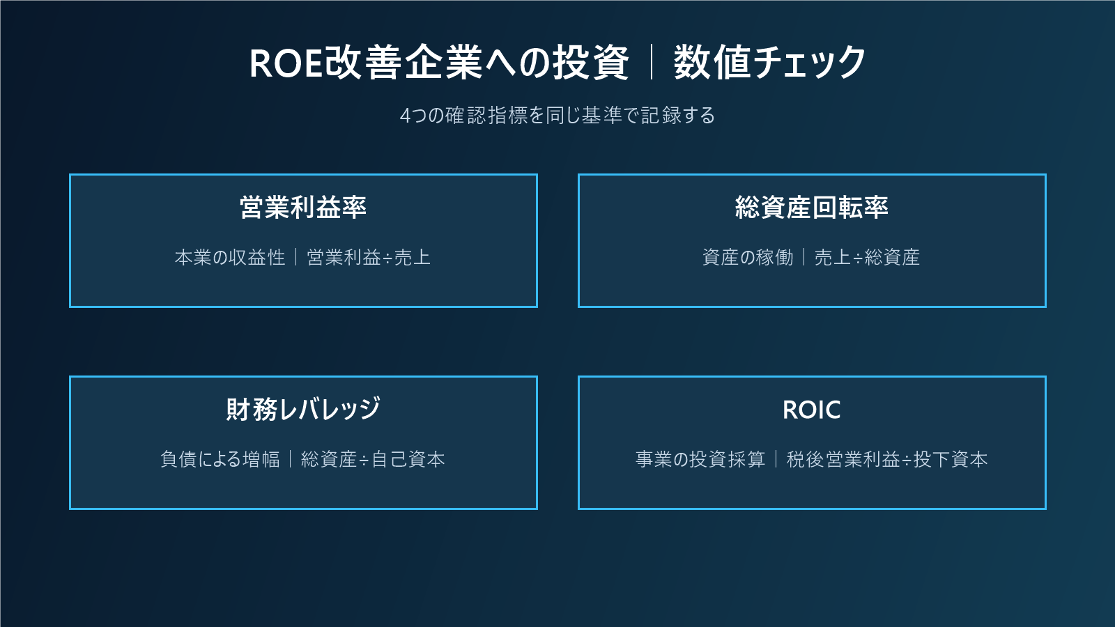 ROE改善企業への投資｜利益増・自社株買い・負債増を分解して読むの数値チェック図