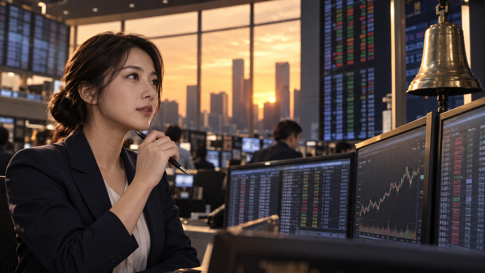 大引けオークションを分析する架空の成人日本人女性市場アナリスト。AI生成イメージ。