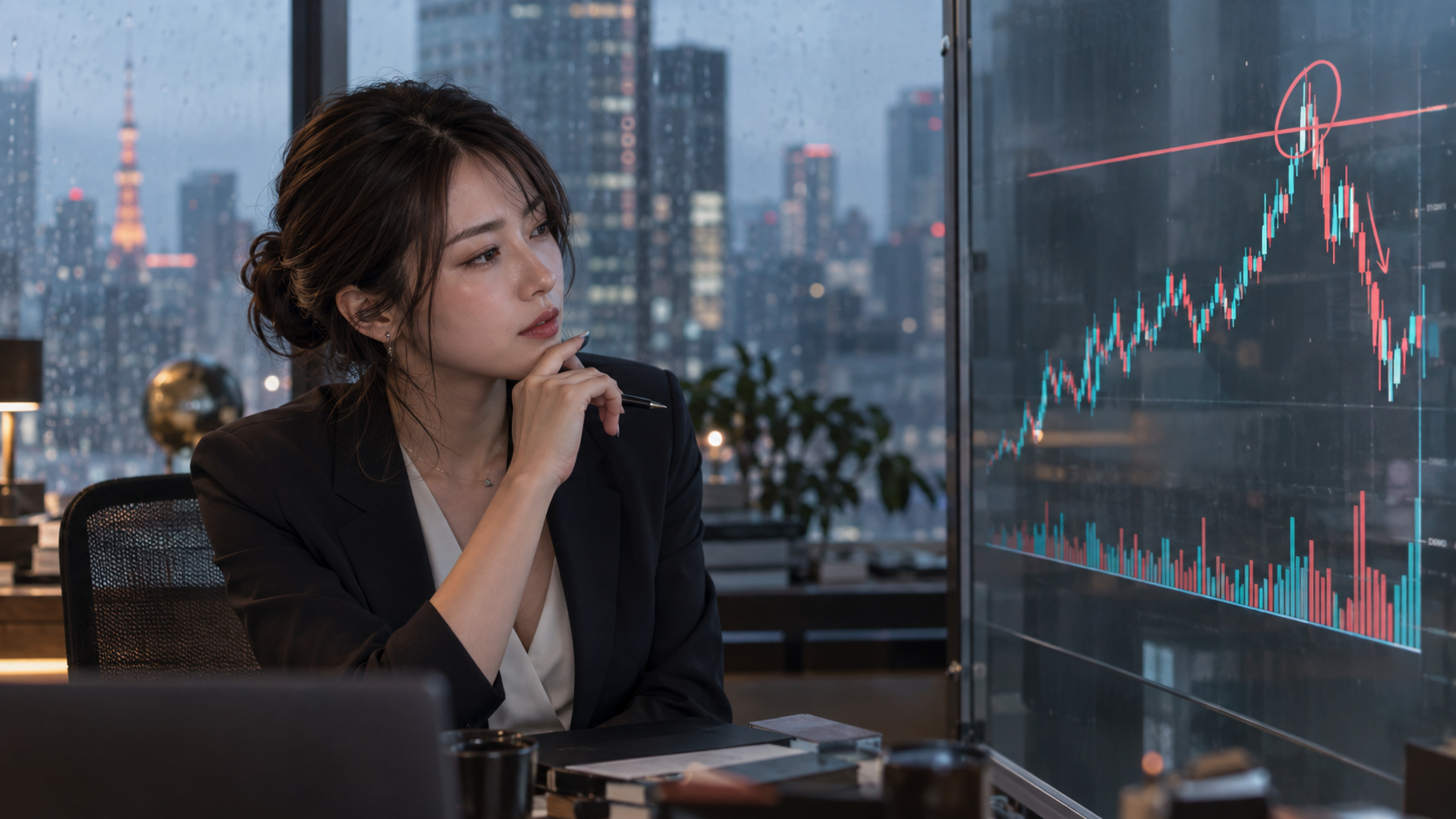 ブレイク失敗の値動きを分析する架空の成人日本人女性トレーダー。AI生成イメージ。