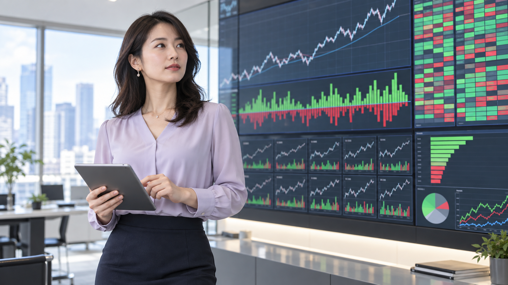 マーケットブレッドスで指数上昇の広がりを調べる架空の成人日本人女性アナリスト。AI生成イメージ。