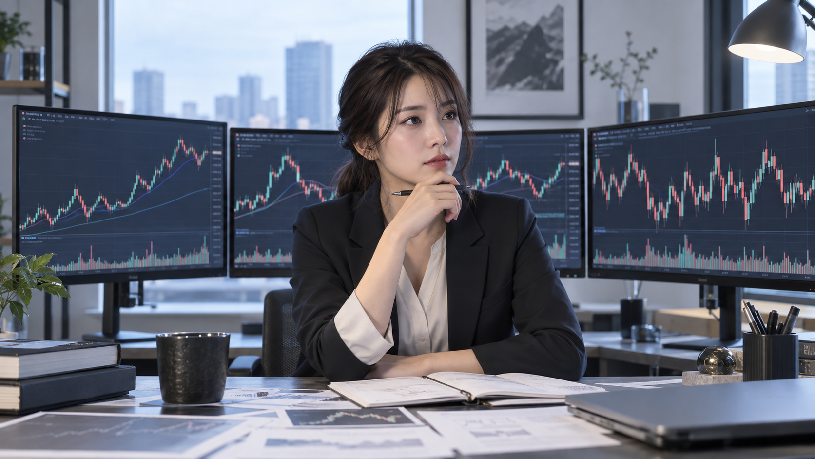 複数時間軸のチャートを比較する架空の成人日本人女性ストラテジスト。AI生成イメージ。