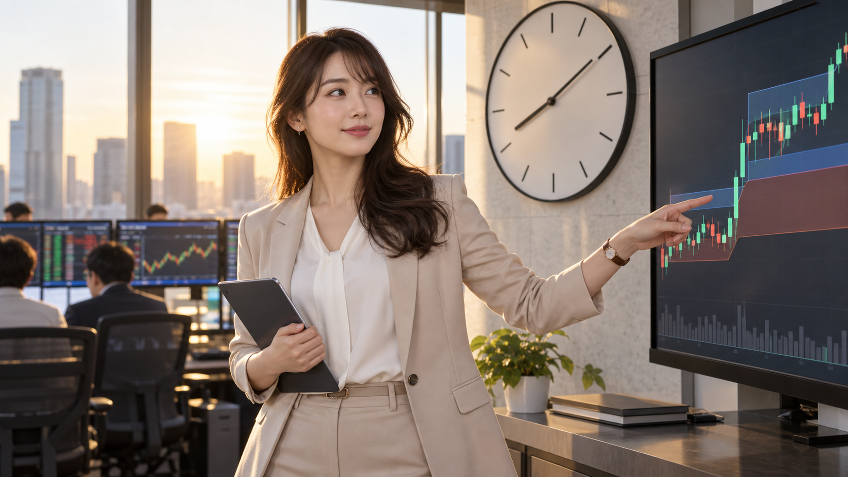 寄り付きレンジ拡大を説明する架空の成人日本人女性市場アナリスト。AI生成イメージ。