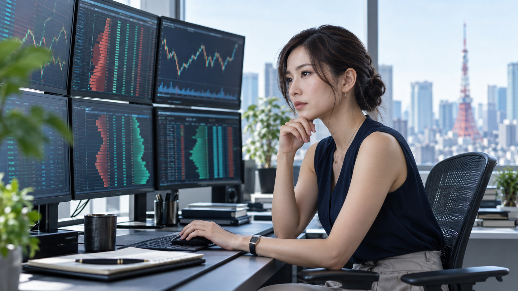 板の厚みと約定速度を分析する架空の成人日本人女性トレーダー。AI生成イメージ。