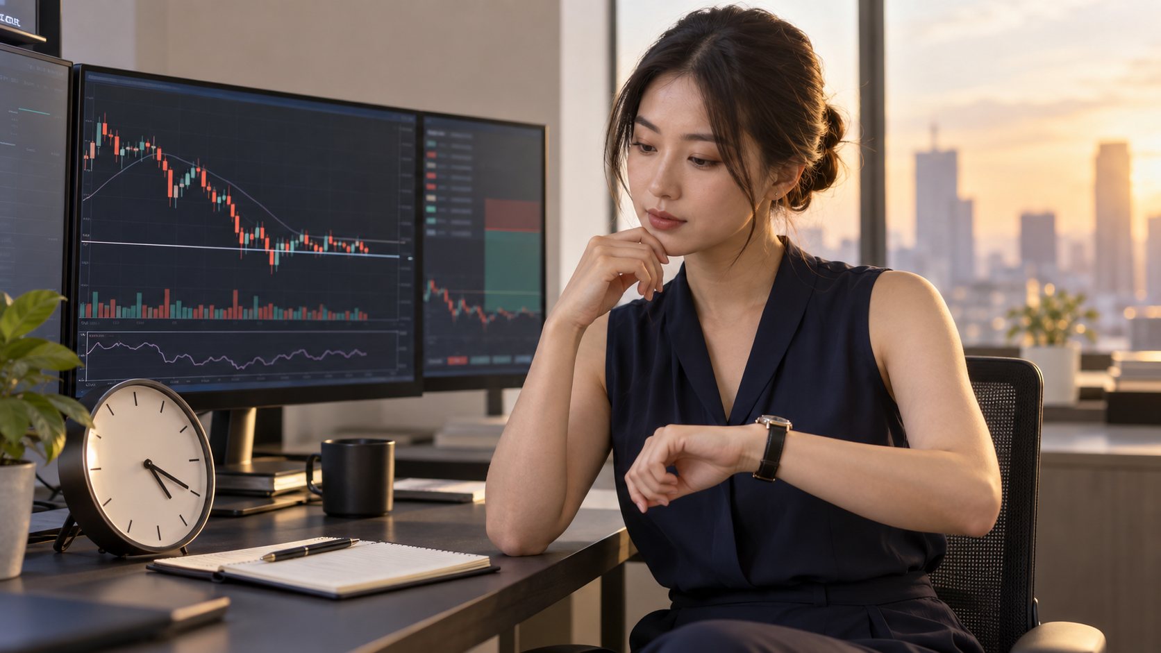 時計と価格チャートを使って時間ストップを管理する架空の成人日本人女性トレーダー。AI生成イメージ。