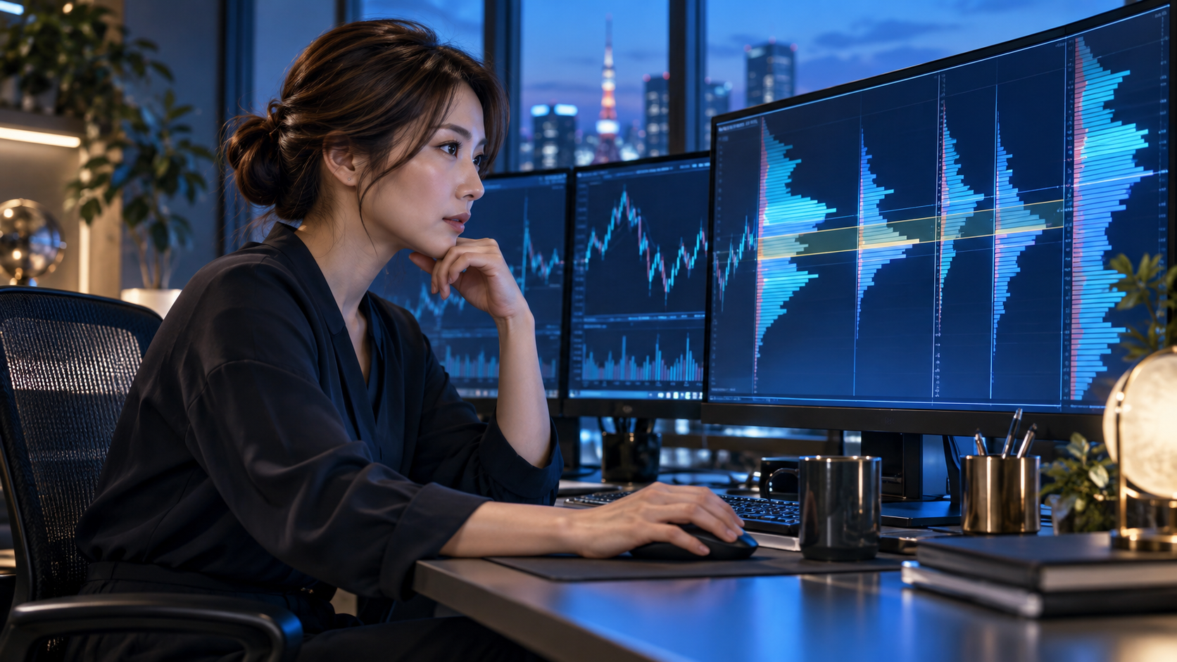 価格帯別のマーケットプロファイルを分析する成人日本人女性トレーダー。AI生成イメージ。