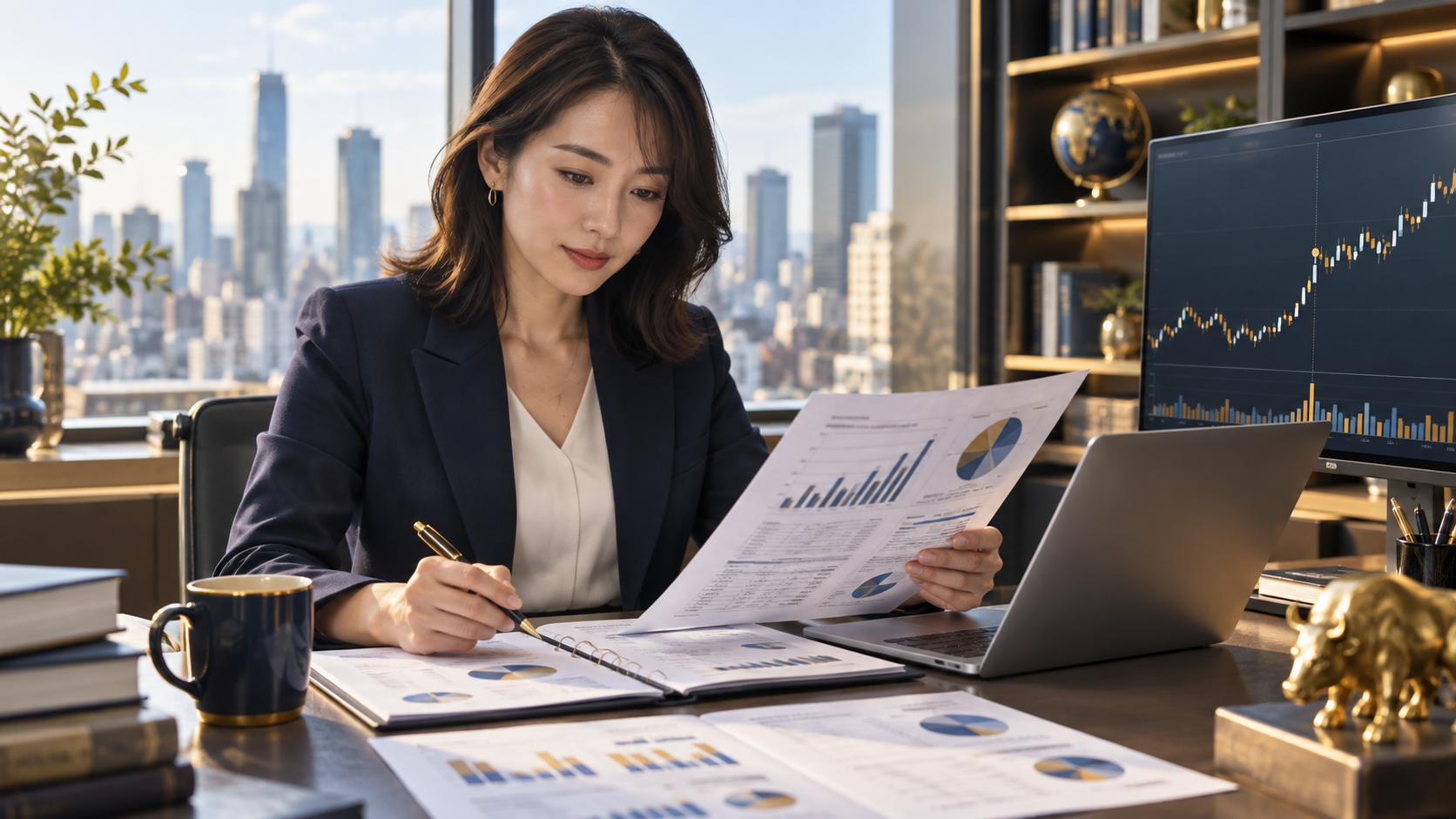 決算資料と発表後の株価推移を検証する成人日本人女性株式アナリスト。AI生成イメージ。