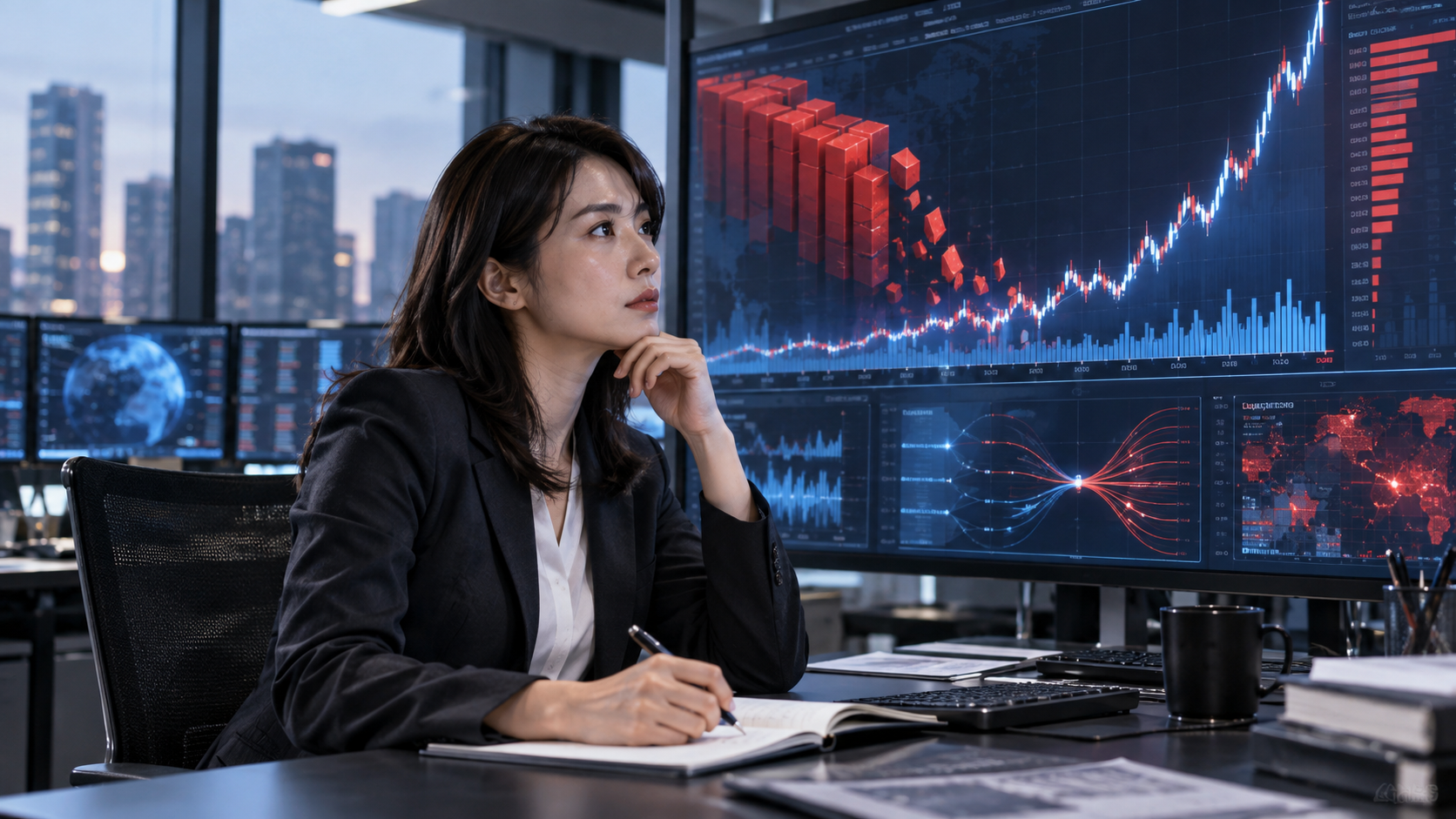 空売りの買い戻しと急騰チャートを分析する成人日本人女性リスク管理者。AI生成イメージ。