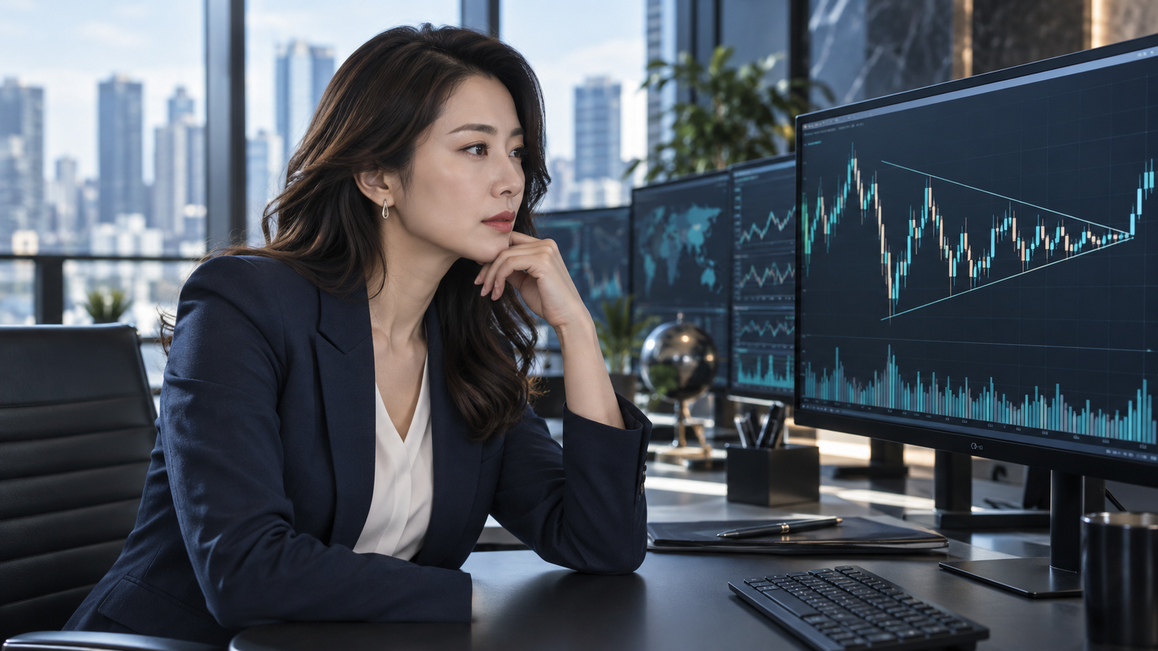 値幅が段階的に収縮する株価チャートを分析する成人日本人女性アナリスト。AI生成イメージ。