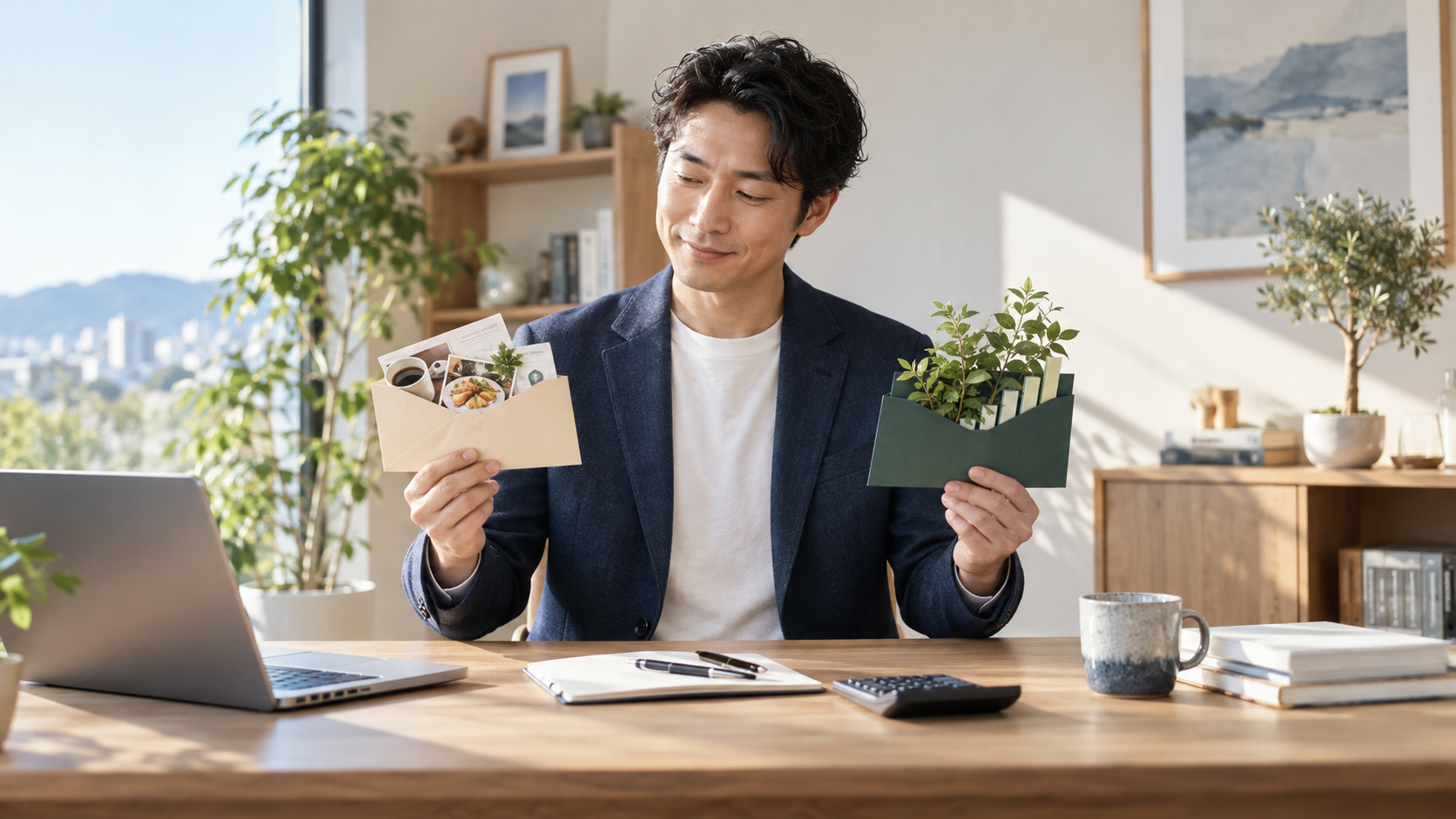 現在の消費と将来の資産形成への配分を考える成人日本人男性。AI生成イメージ。