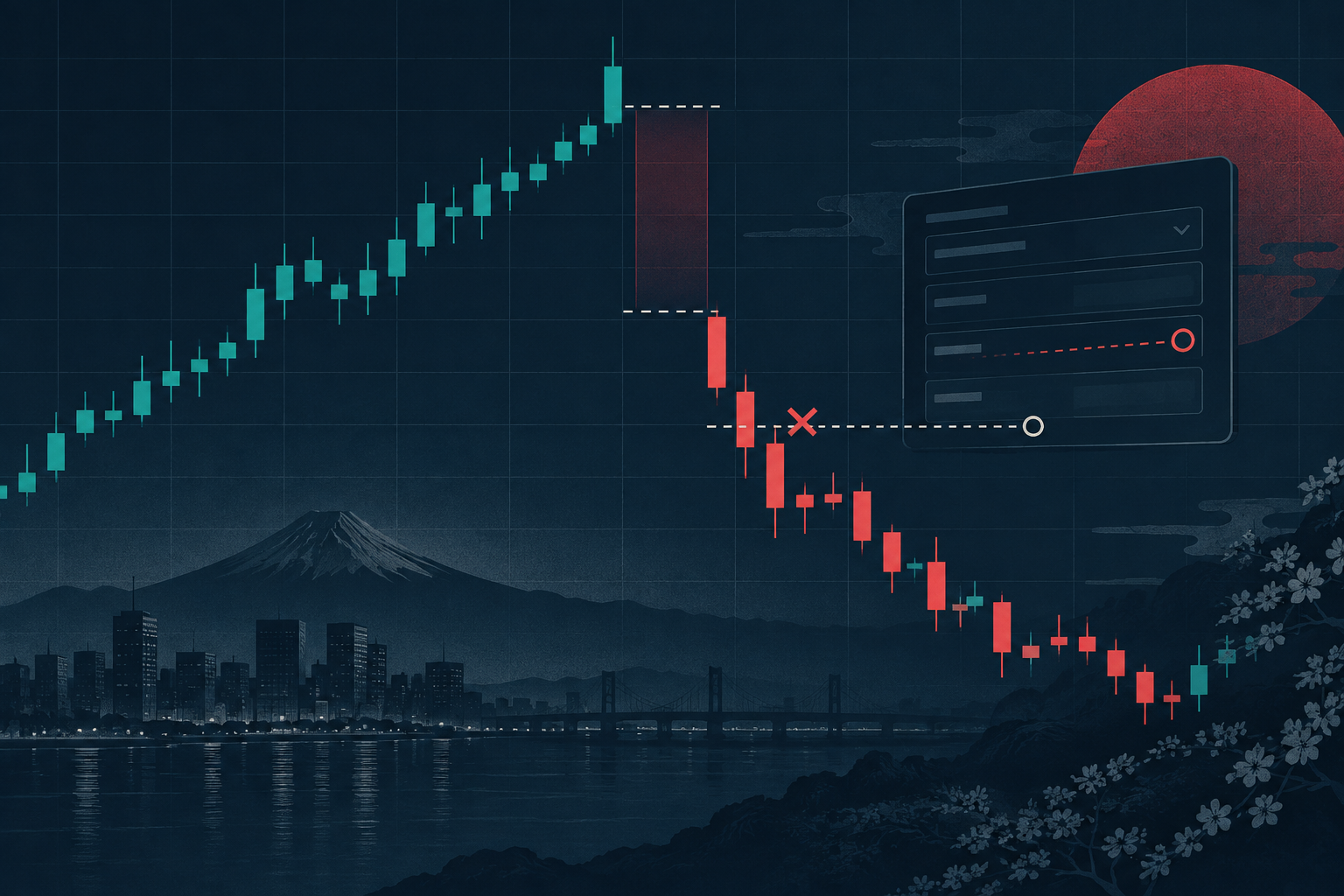 寄り付きギャップと逆指値の約定リスクを表す金融市場の概念イラスト。AI生成。