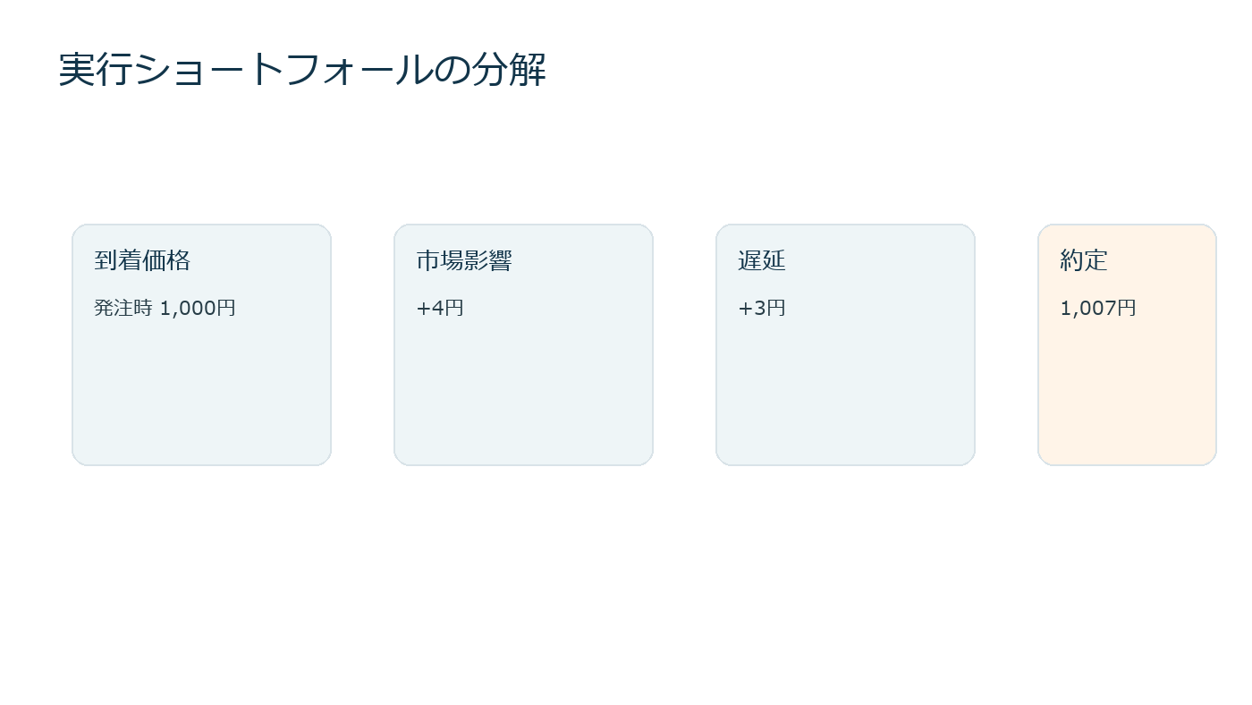 到着価格から約定価格までの遅延コストと市場影響を分解した計算図