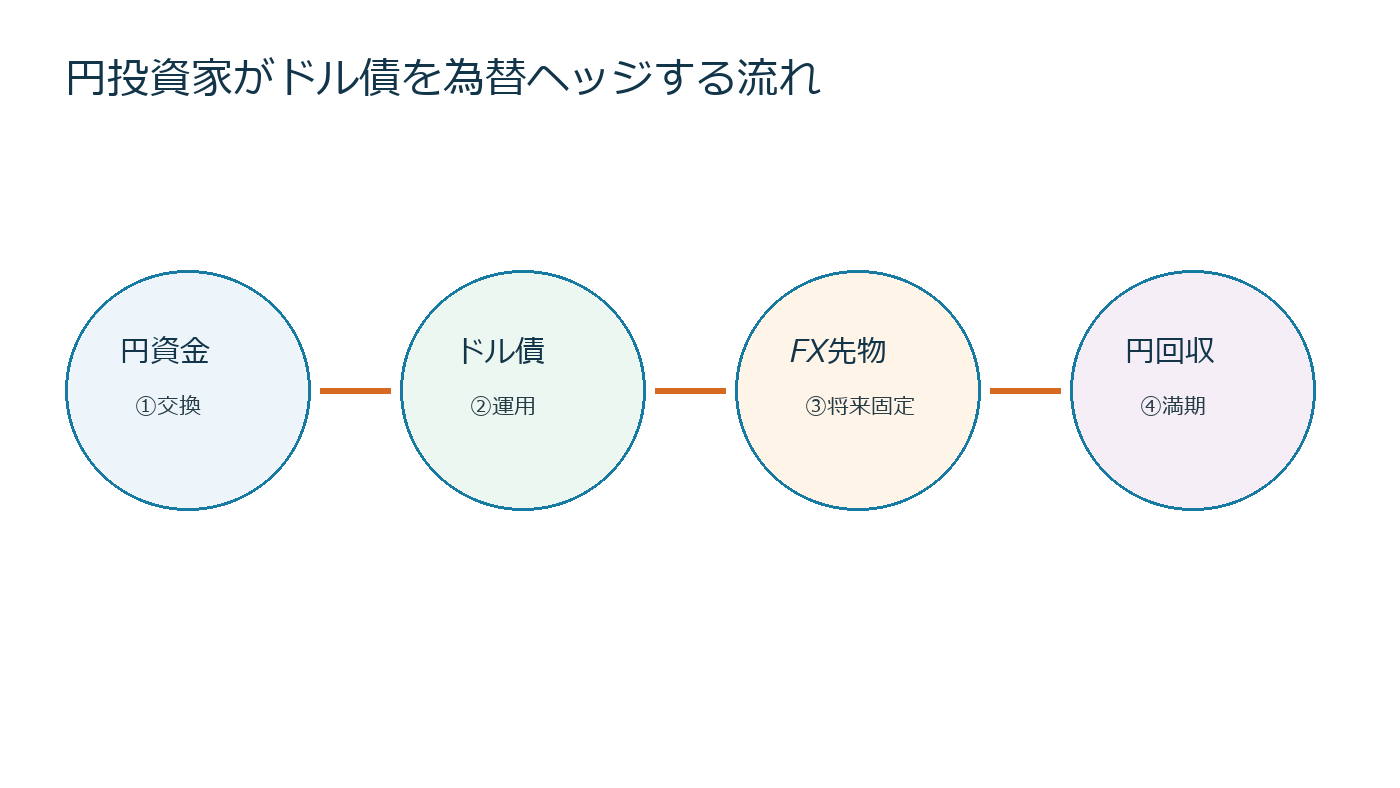円をドルへ交換して外債を買い将来の為替をフォワードで固定する資金循環図