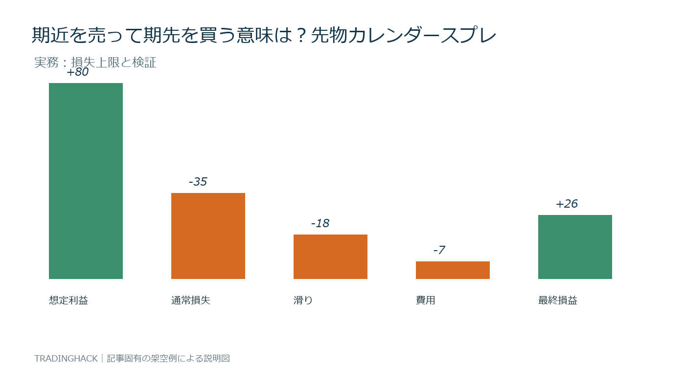 カレンダースプレッドの損益計算とリスク上限を示す実務図
