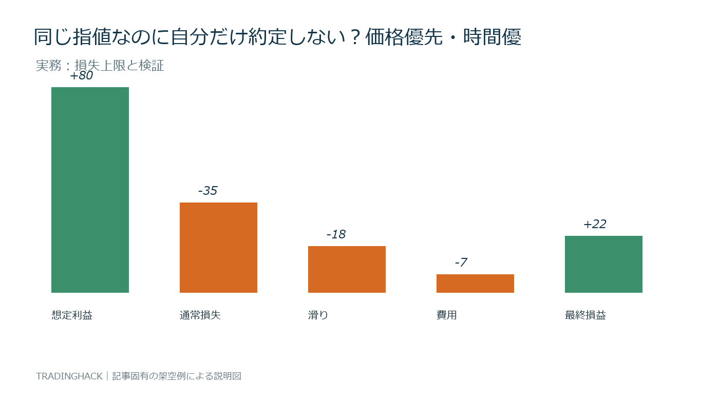 注文優先順位の損益計算とリスク上限を示す実務図