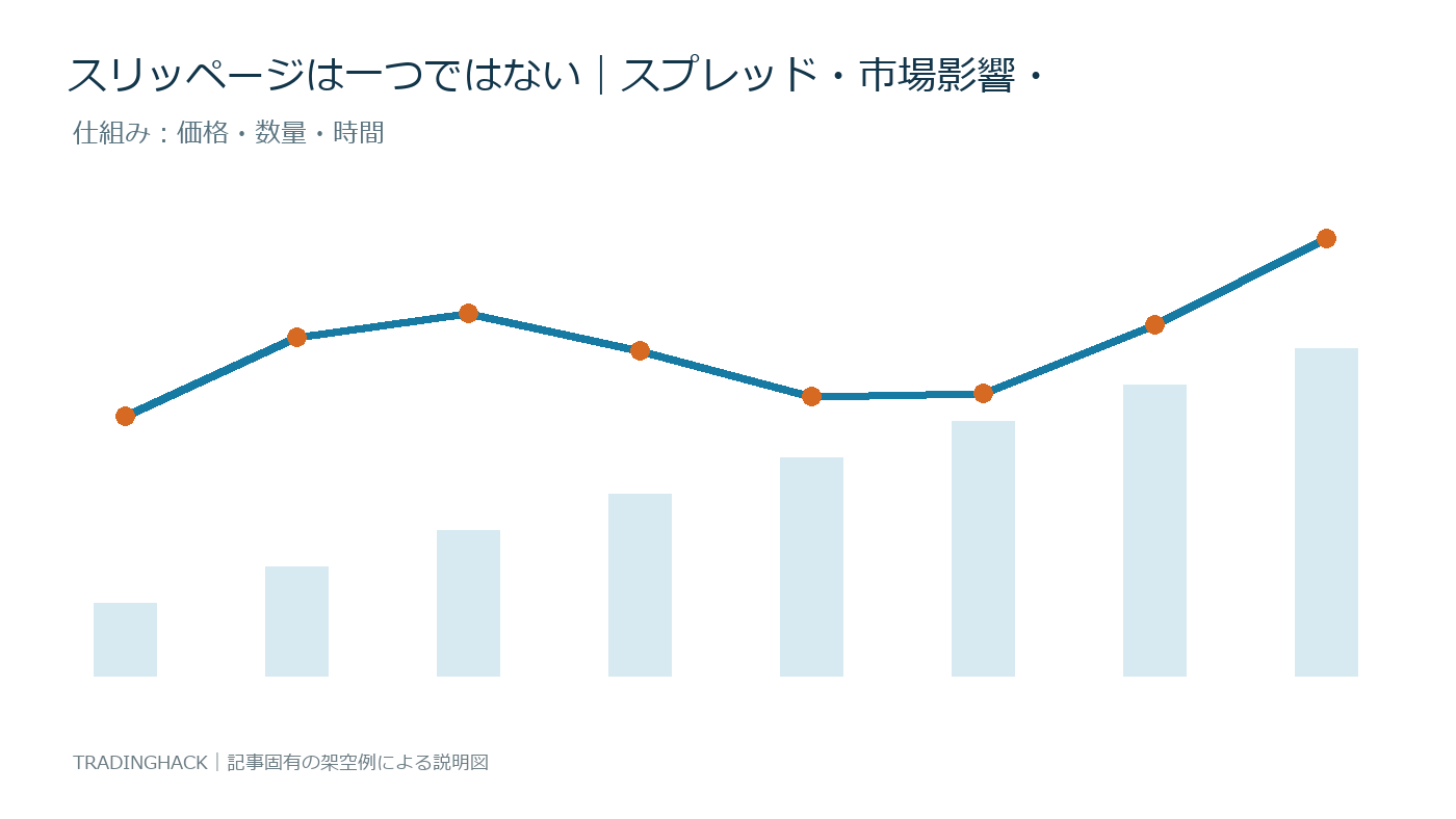 スリッページ分解を価格・数量・時間へ分解した仕組み図
