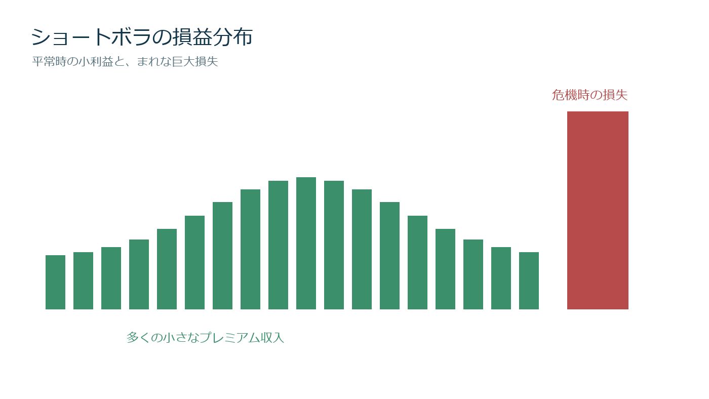 平常時の小さなプレミアム収入と暴落時の大きな損失を比較する損益分布図