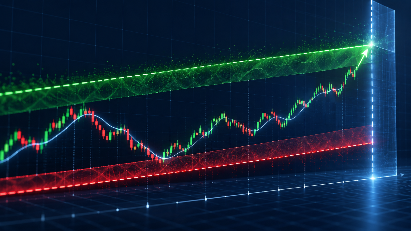 価格経路が利益・損失・時間の三つの障壁へ到達するラベル設計。AI生成。