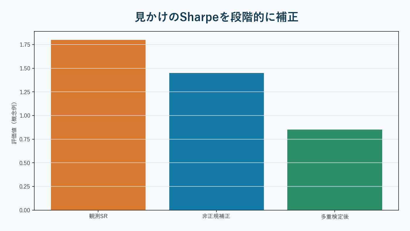 高い見かけのシャープ比が試行回数と歪度補正で引き下げられる分析。AI生成。